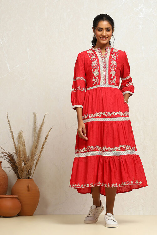 Cherry Red Pure Cotton Embroidered Tiered Dress image number 5