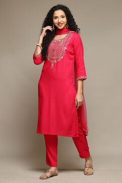 Fuchsia Rayon Straight Kurta Pants Suit Set image number 5