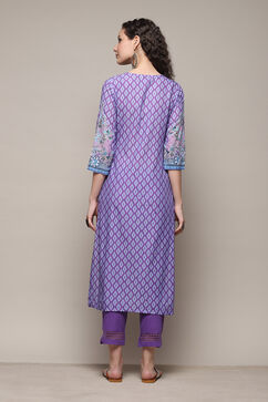 Lavendar Cotton Straight Printed Kurta Slim Pant Suit Set image number 4