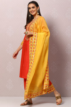 Coral Red And Yellow Cotton Viscose Straight Suit Set image number 5