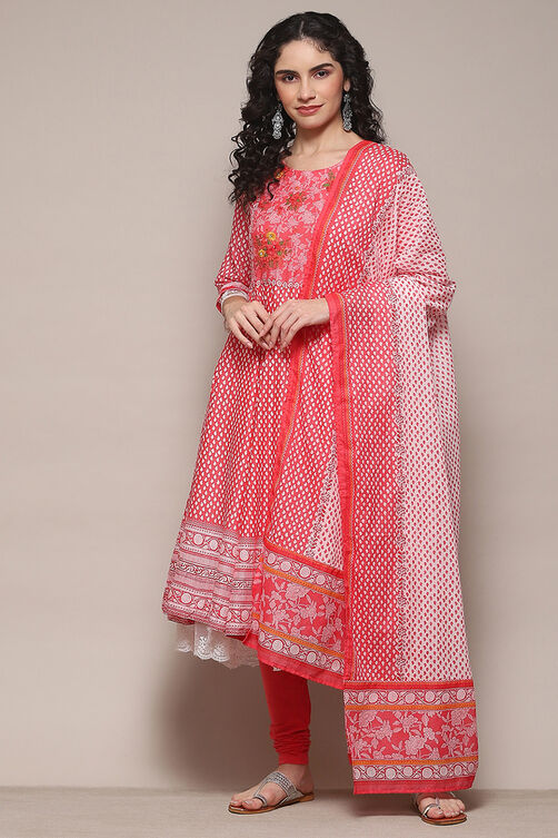 White Pink Cotton Anarkali Printed Kurta Churidar Suit Set Kurta ...