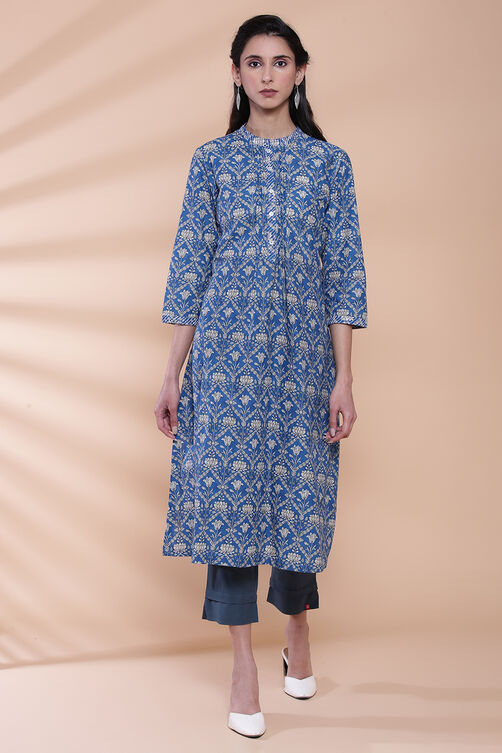 Blue Cotton A-Line Printed Kurta image number 0