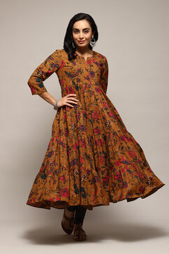 Mustard Cotton Flared Printed Dress image number 0