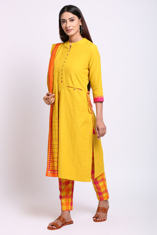 Yellow Eco Cotton Straight Kurta Slim Pant Suit Set image number 3