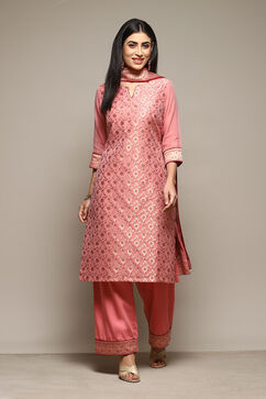 Blush Pink Cotton Blend Straight Yarndyed Kurta Palazzo Suit Set image number 7