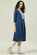 Navy Poly Cotton A-Line Kurta image number 3