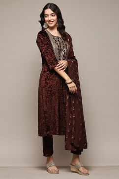 Brown Polyester Straight Embroidered Kurta Palazzo Suit Set image number 6