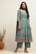 Turquoise Cotton Geometric Printed Anarkali Suit Set image number 0