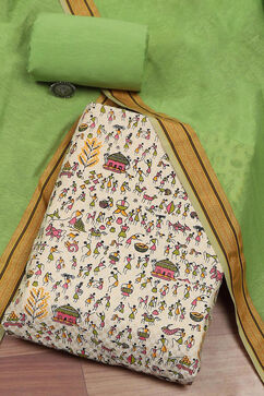 Lime Green Handloom Cotton Unstitched Suit Set image number 0