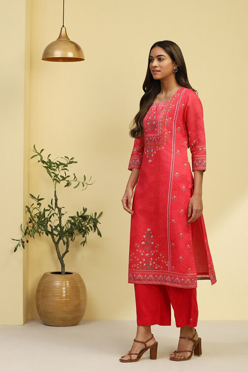 Pink Chanderi Printed Straight Kurta image number 2