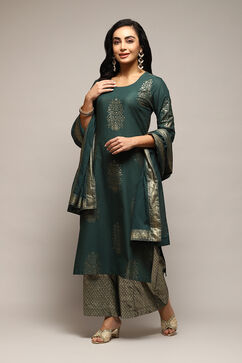 Green Cotton Straight Printed Kurta Ankle Length Suit Set image number 0