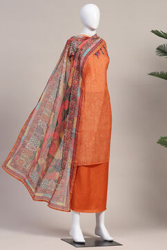 Orange Chanderi Hand Embroidered Unstitched Suit Set image number 5
