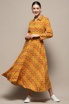 Orange Chevron Block Printed Shirt-Style A-line Dress image number 2