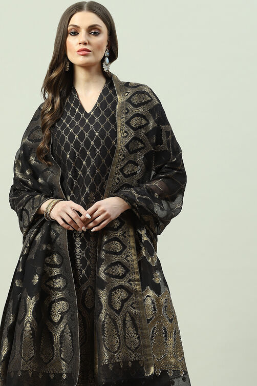 Black Art Silk Straight Kurta Palazzo Suit Set