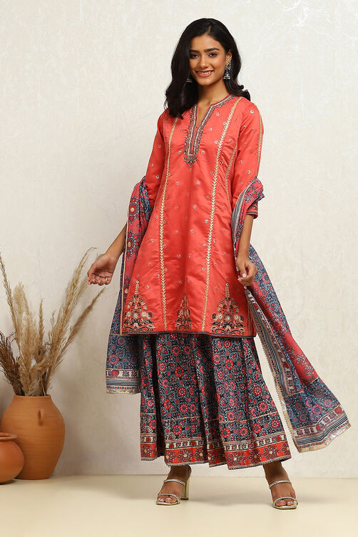 Coral Embroidered Festive Kalidar Suit Set image number 0