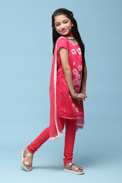Pink Polyester Straight Printed Kurta Churidar Suit Set image number 6