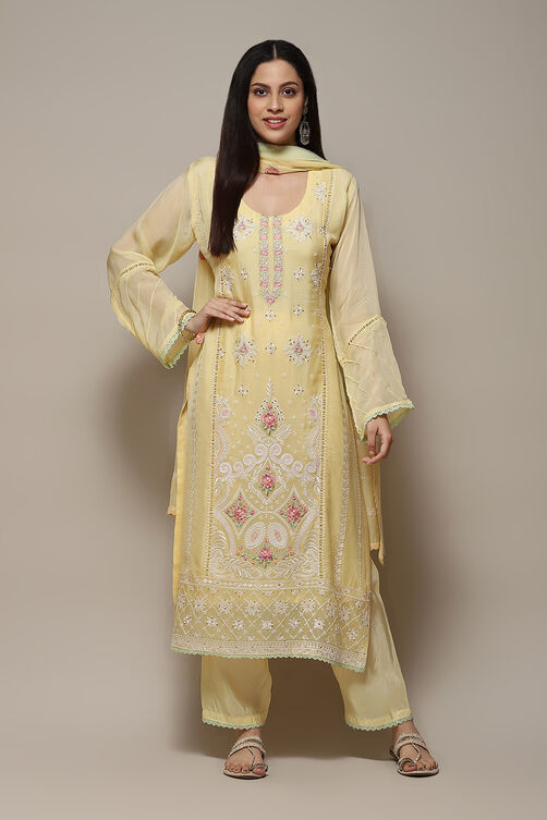 Yellow Organza Printed Unstitched Suit Set image number 8