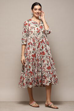 Off White Cotton Flared Printed Dress image number 5