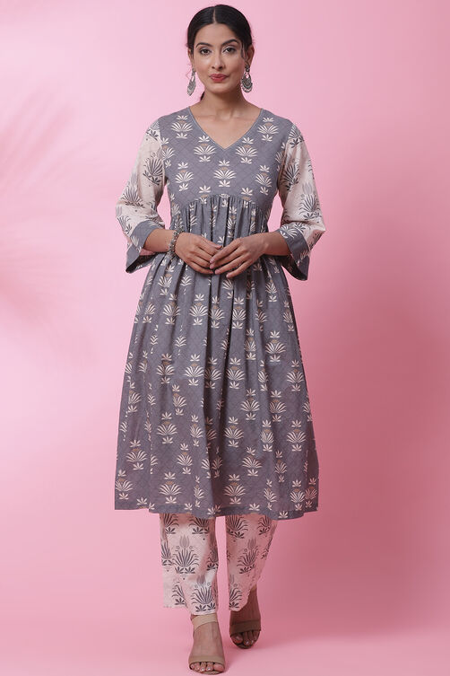 Grey Cotton A-Line Kurta Set image number 0