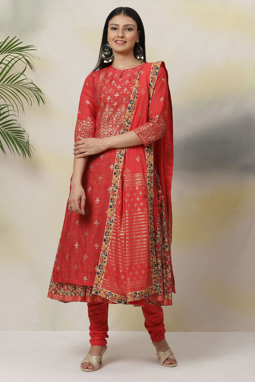 Red Poly Modal Layered Printed Kurta Churidar Suit Set image number 0