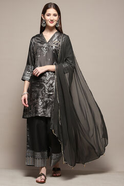 Charcoal Art Silk Straight Kurta Palazzo Suit Set image number 0