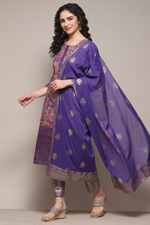 Pink & Purple Voile Straight Printed Kurta Slim Pant Suit Set image number 0