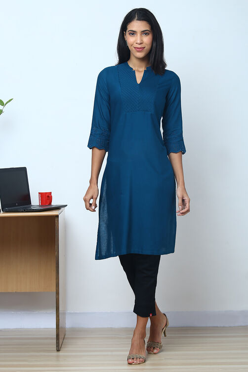 Teal Cotton Flax Kurta image number 0