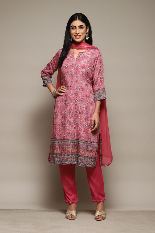 Pink Printed Straight Kurta & Pants Suit Set image number 7