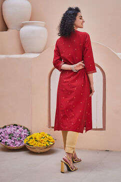 Red Yard-dyed Festive Straight Kurta image number 4