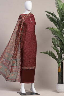 Brown Chanderi Hand Embroidered Unstitched Suit Set image number 5