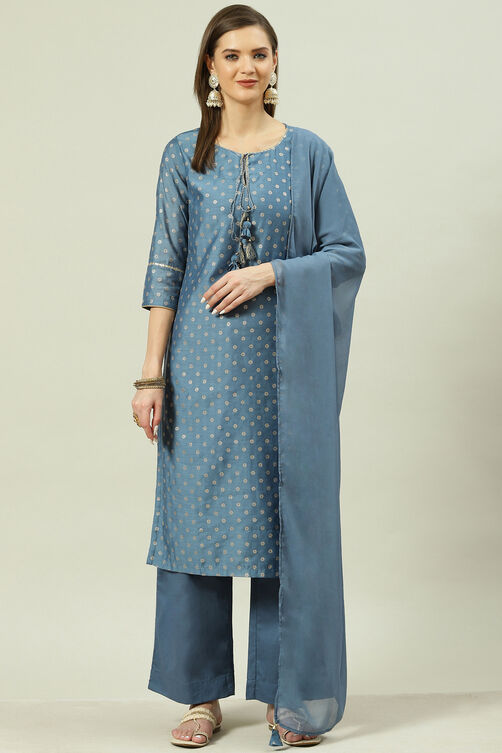 Navy Printed Straight Kurta Palazzo Suit Set