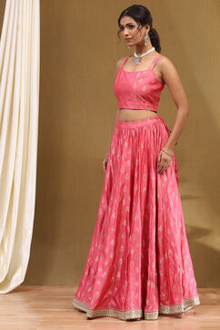 Pink Floral Butterfly Net Festive Anarkali Lehenga Set image number 5