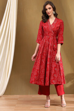 Red Polyester Blend Anarkali Suit Set image number 6