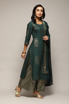 Green Cotton Straight Printed Kurta Ankle Length Suit Set image number 6