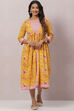 Mustard Cotton Flared Printed Kurta Dress With Shrug