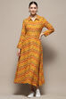 Brown Chevron Block Printed Shirt-Style A-line Dress image number 5