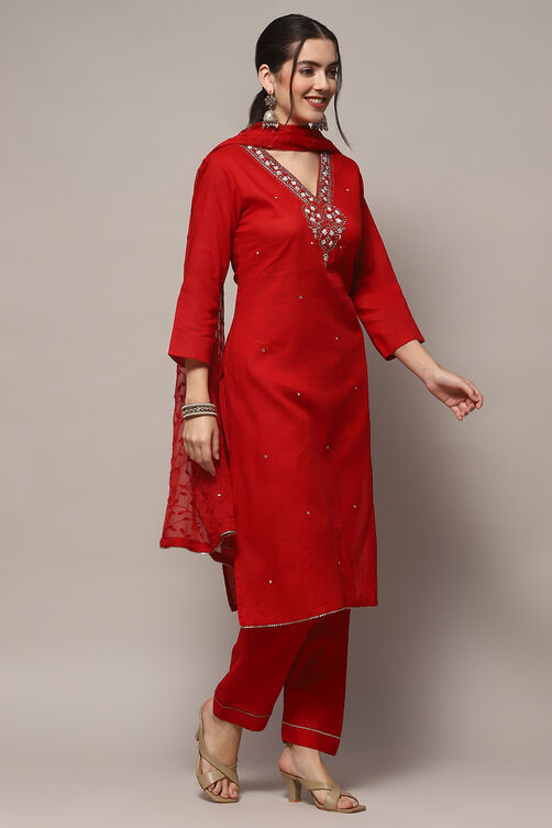 Red Cotton Unstitched Suit set image number 8