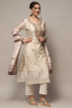 Off White Chanderi Blend Unstitched Suit set image number 7