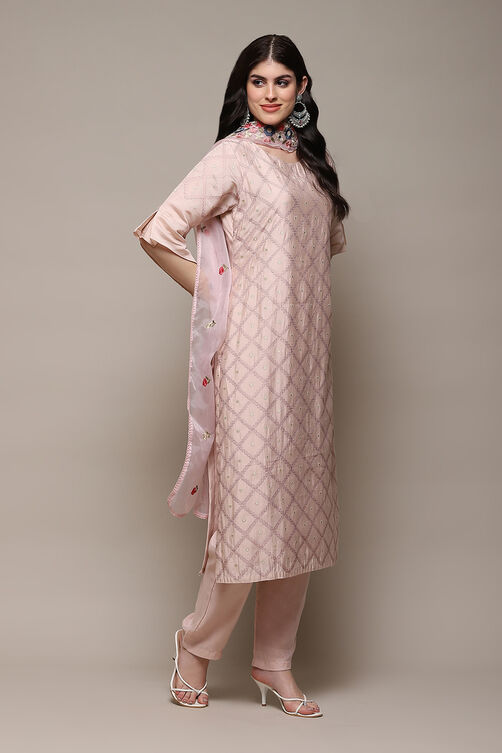 Light Pink Chanderi Blend Printed Unstitched Suit Set image number 7