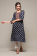 Navy LIVA Straight Printed Kurta image number 0