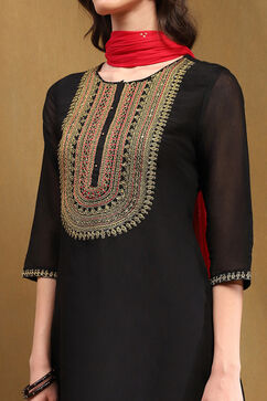 Black Embroidered Festive Straight Suit Set image number 1