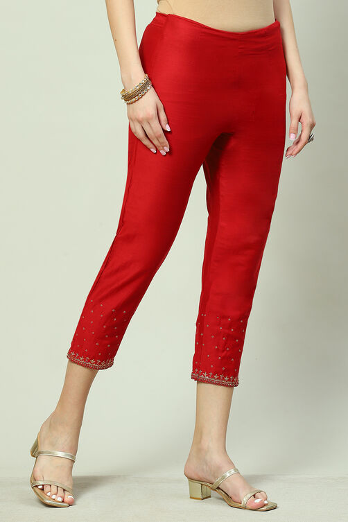 Red Art Silk Cotton Narrow Pant