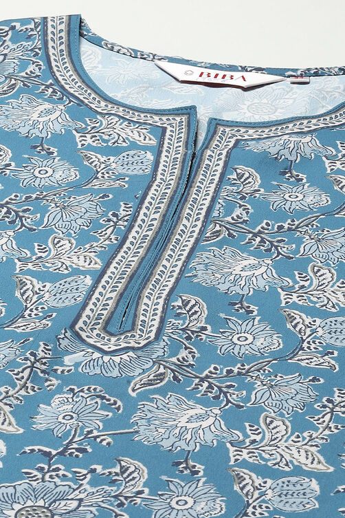 Denim Blue Polyester Straight Printed Kurti