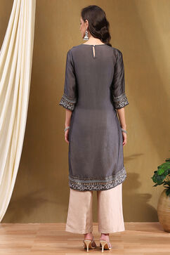 Grey Silk Straight Kurta image number 3