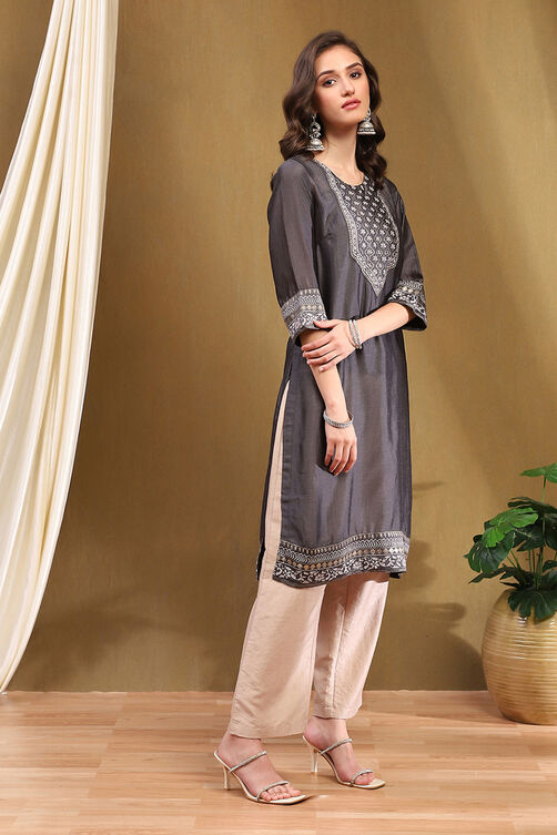 Grey Silk Straight Kurta image number 4