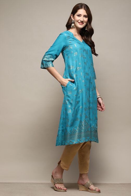 Turquoise Rayon A-Line Printed Kurta image number 3