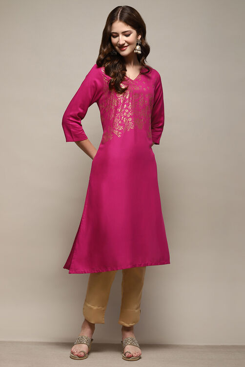 Fuschia Rayon A-Line Printed Kurta image number 0