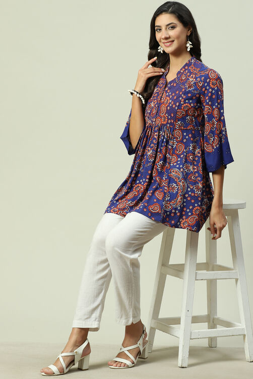 Blue Rayon Flared Printed Kurti image number 5