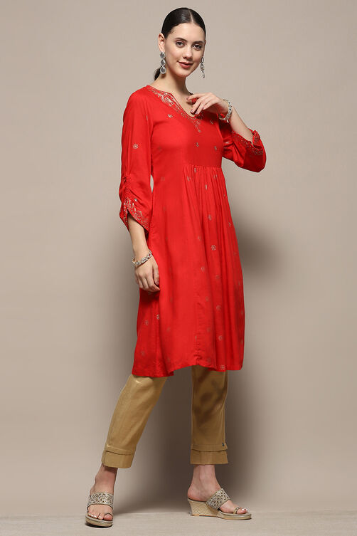 Red Foil Printed Gathered A-Line Kurta image number 5