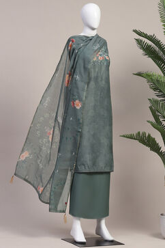 Olive Green Chanderi Hand Embroidered Unstitched Suit Set image number 5